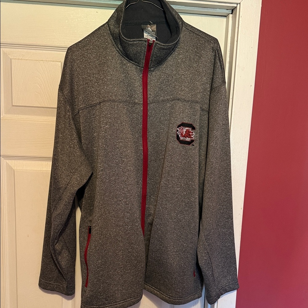 Gray Full-Zip Jacket with Red Trim and Gamecock Patch